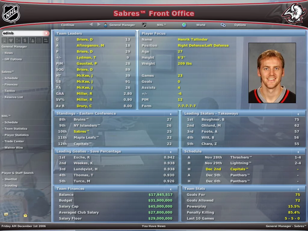 Изображение игры: NHL Eastside Hockey Manager 2007