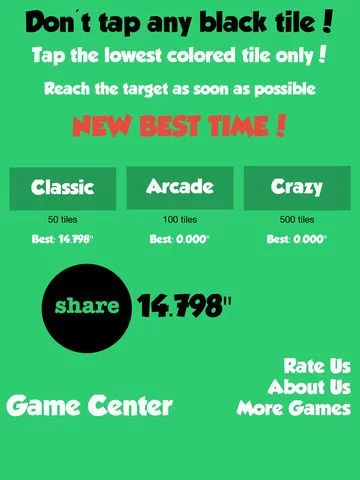 Изображение игры: Don't tap any black tile! Touch the lowest colored tile only! Reach the target as soon as possible.