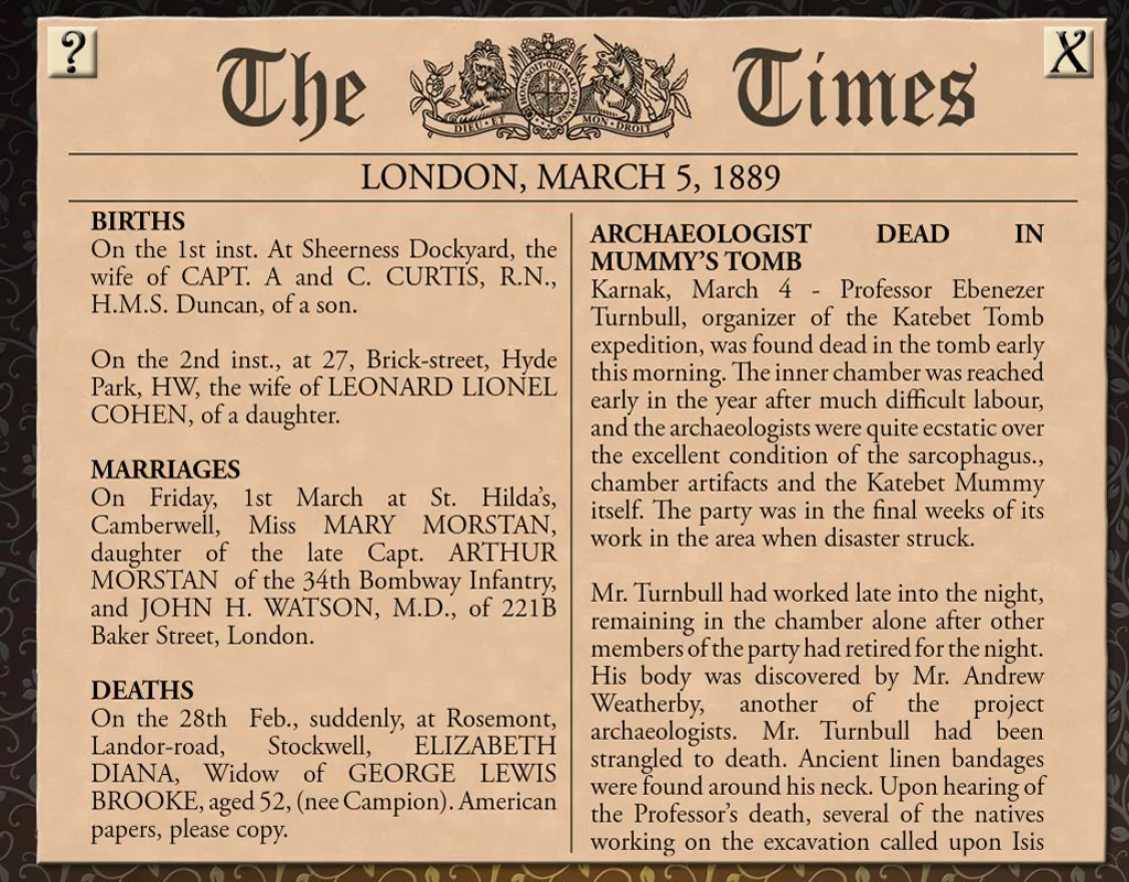 Изображение игры: Sherlock Holmes Consulting Detective: The Case of the Mummy's Curse